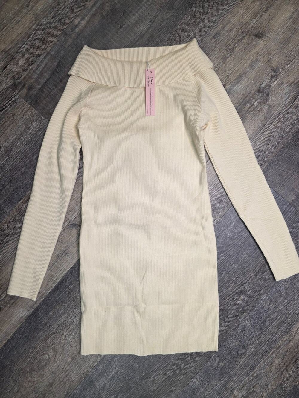 Qinsen Womens L Dress Cream Ribbed Knit Off Shoulder Long Sleeve Bodycon NWT - Picture 1 of 6
